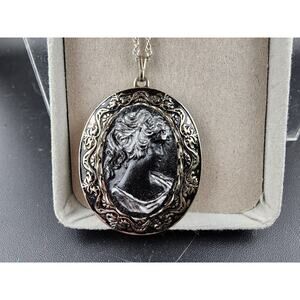 Silvertone Light Black Background Cameo Pendant Necklace